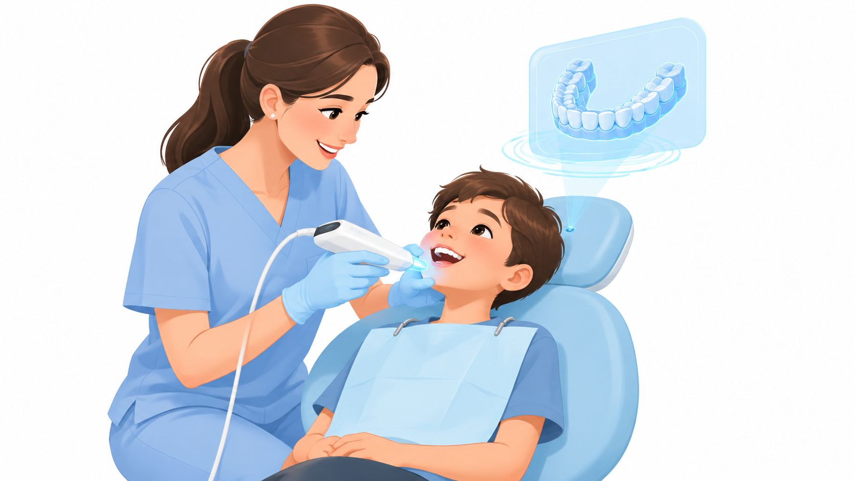 A friendly dentist using a 3D digital oral scanner on a young patient in a dental office.