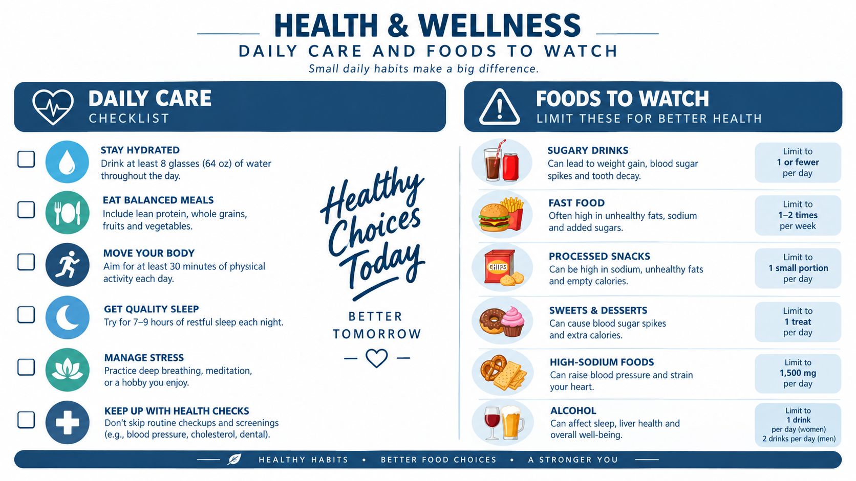 An infographic titled Health and Wellness providing daily care tips and a list of foods to limit.