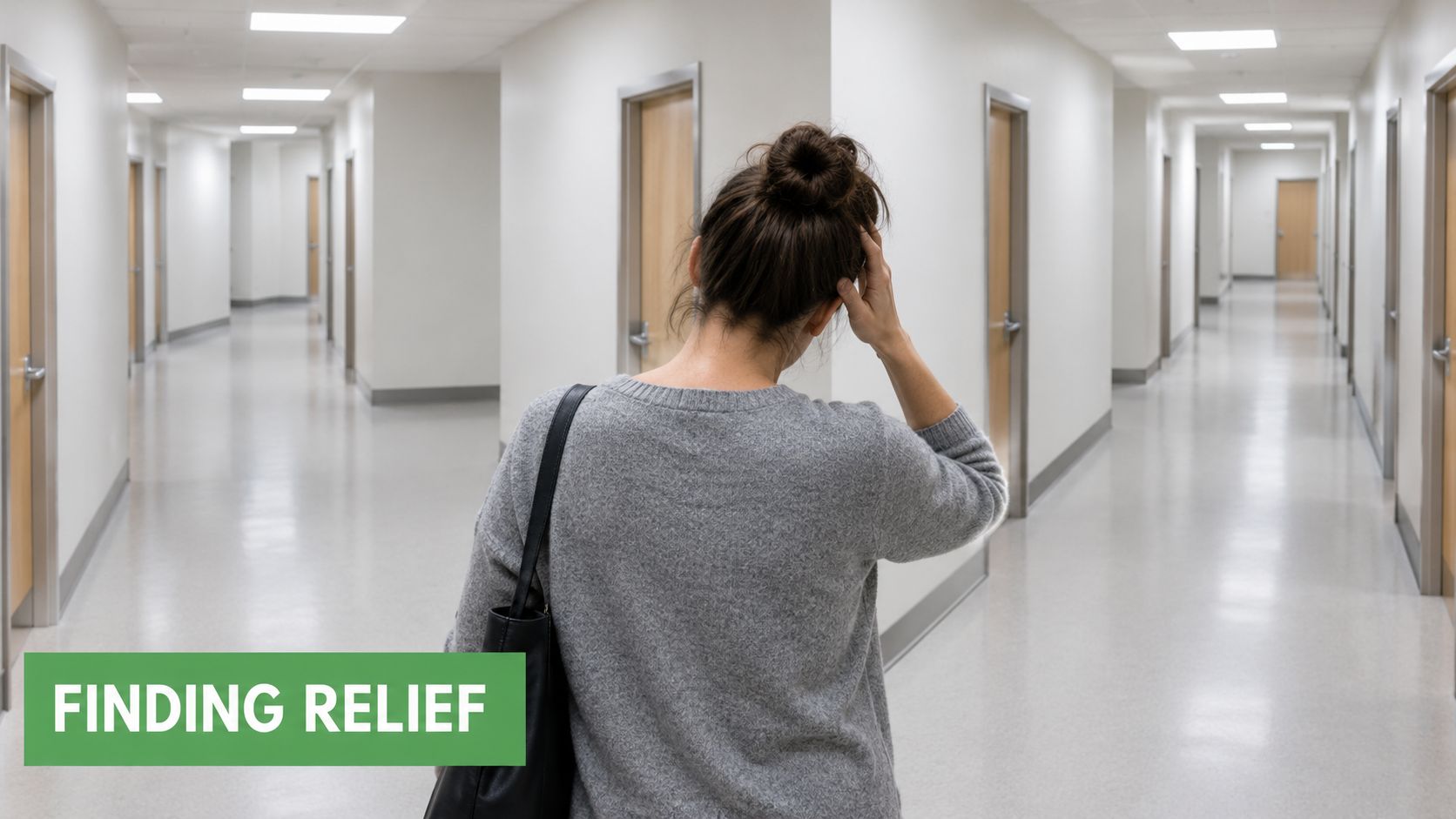 A person standing in a long hallway with their hand to their head, appearing stressed or overwhelmed.