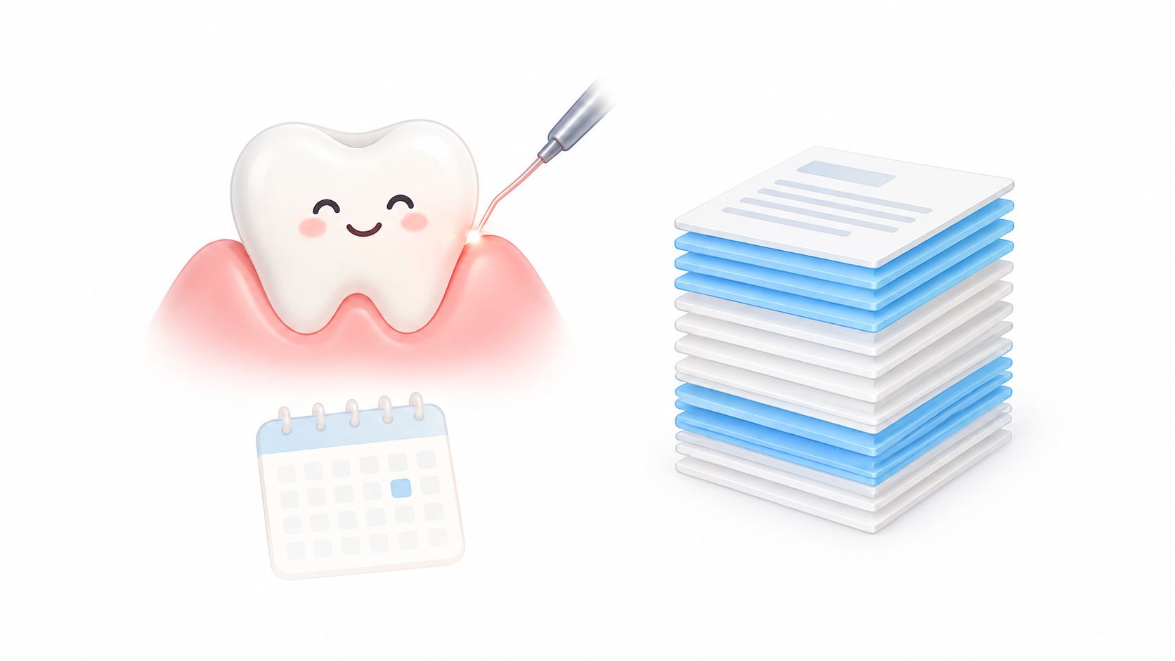 A 3D illustration showing a happy tooth receiving laser gum treatment, a calendar, and a stack of documents.
