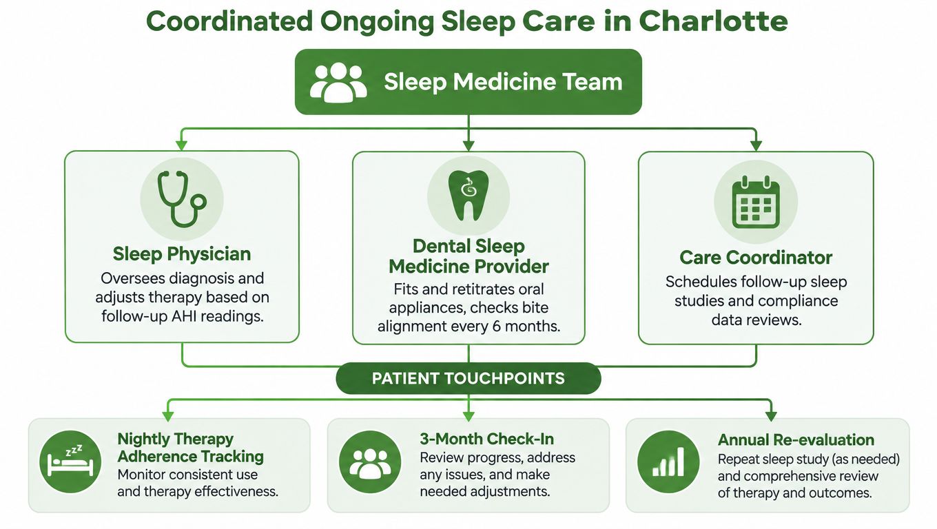 A diagram illustrating a coordinated sleep medicine care team and patient touchpoints for sleep apnea treatment in Charlotte.