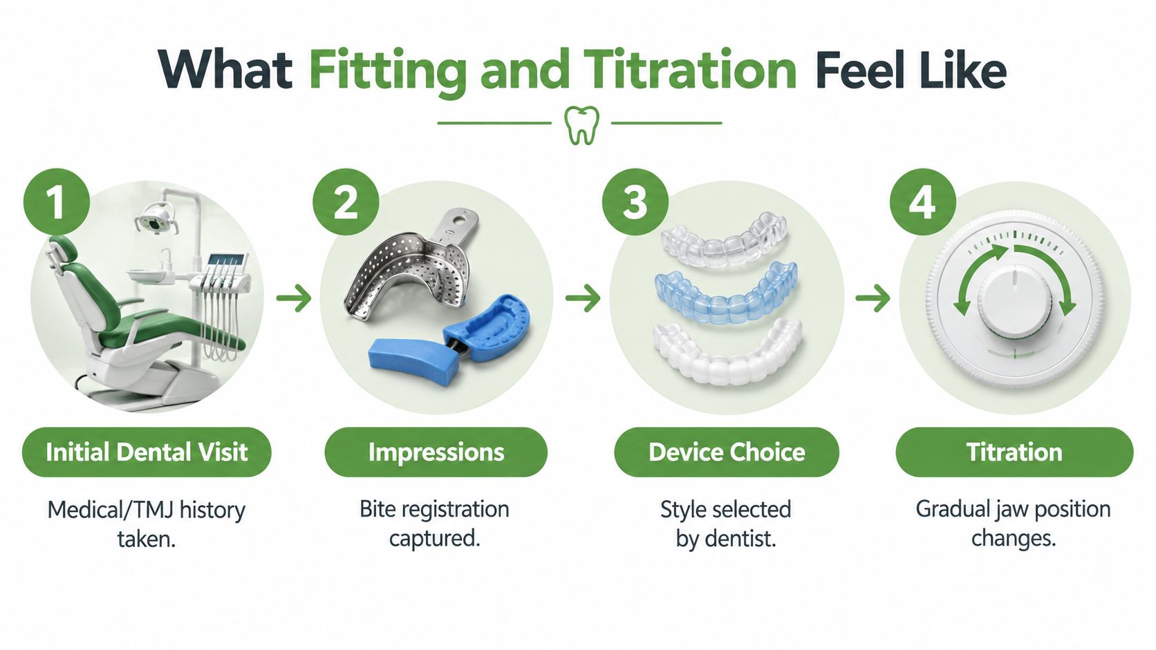 A four-step infographic illustrating the professional process of fitting and titrating a mandibular advancement device.
