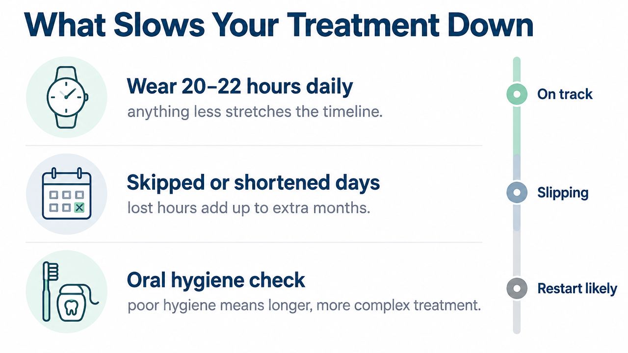 A visual guide explaining the factors that slow down Invisalign treatment progress for dental patients.