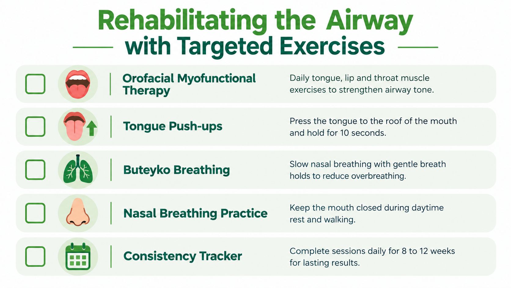 A checklist infographic titled Rehabilitating the Airway with Targeted Exercises, listing five daily techniques for airway improvement.