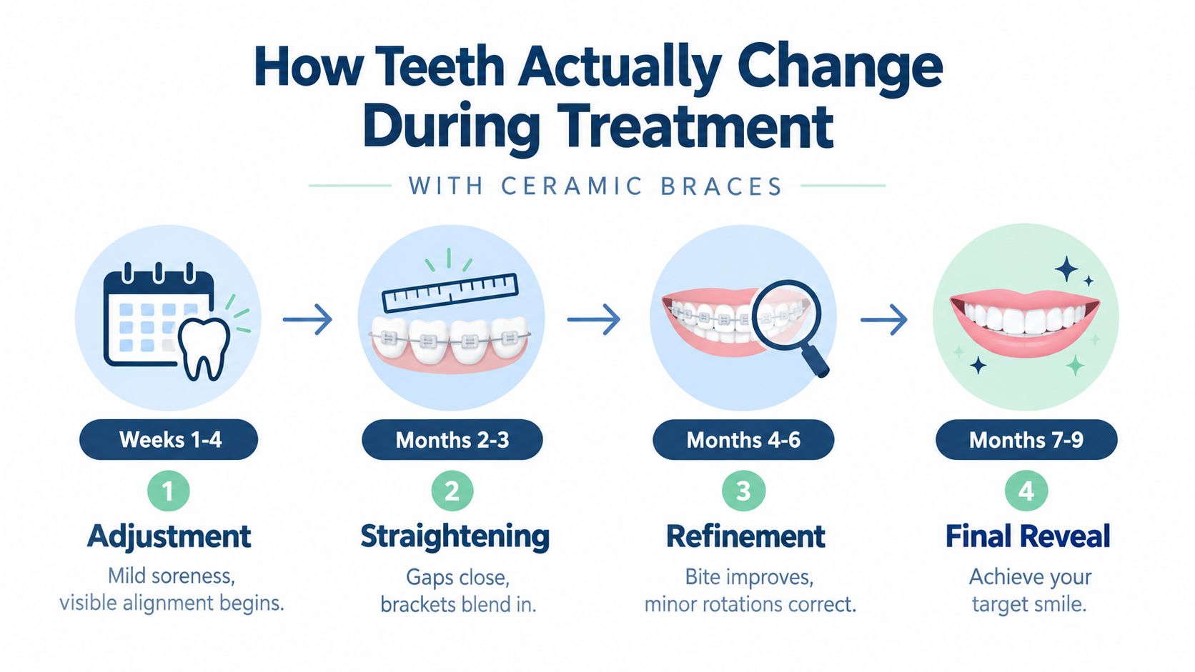 A four-step infographic illustrating the ceramic braces treatment process from initial adjustment to the final reveal.