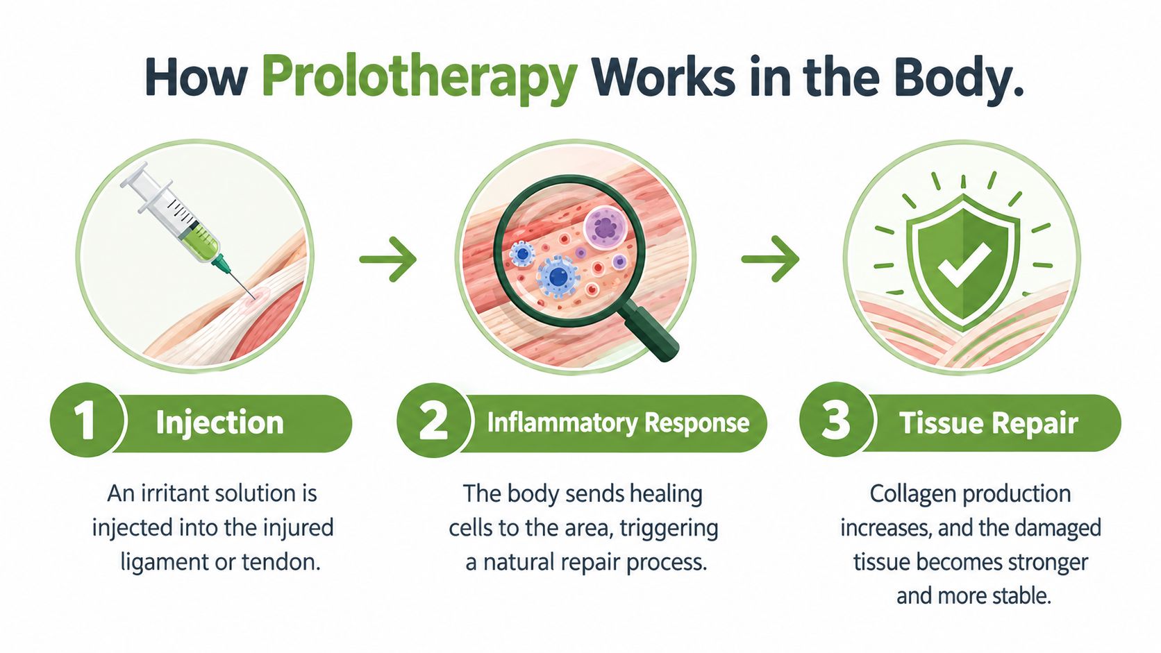 A three-step infographic illustrating how prolotherapy injection works to trigger natural tissue repair in the body.
