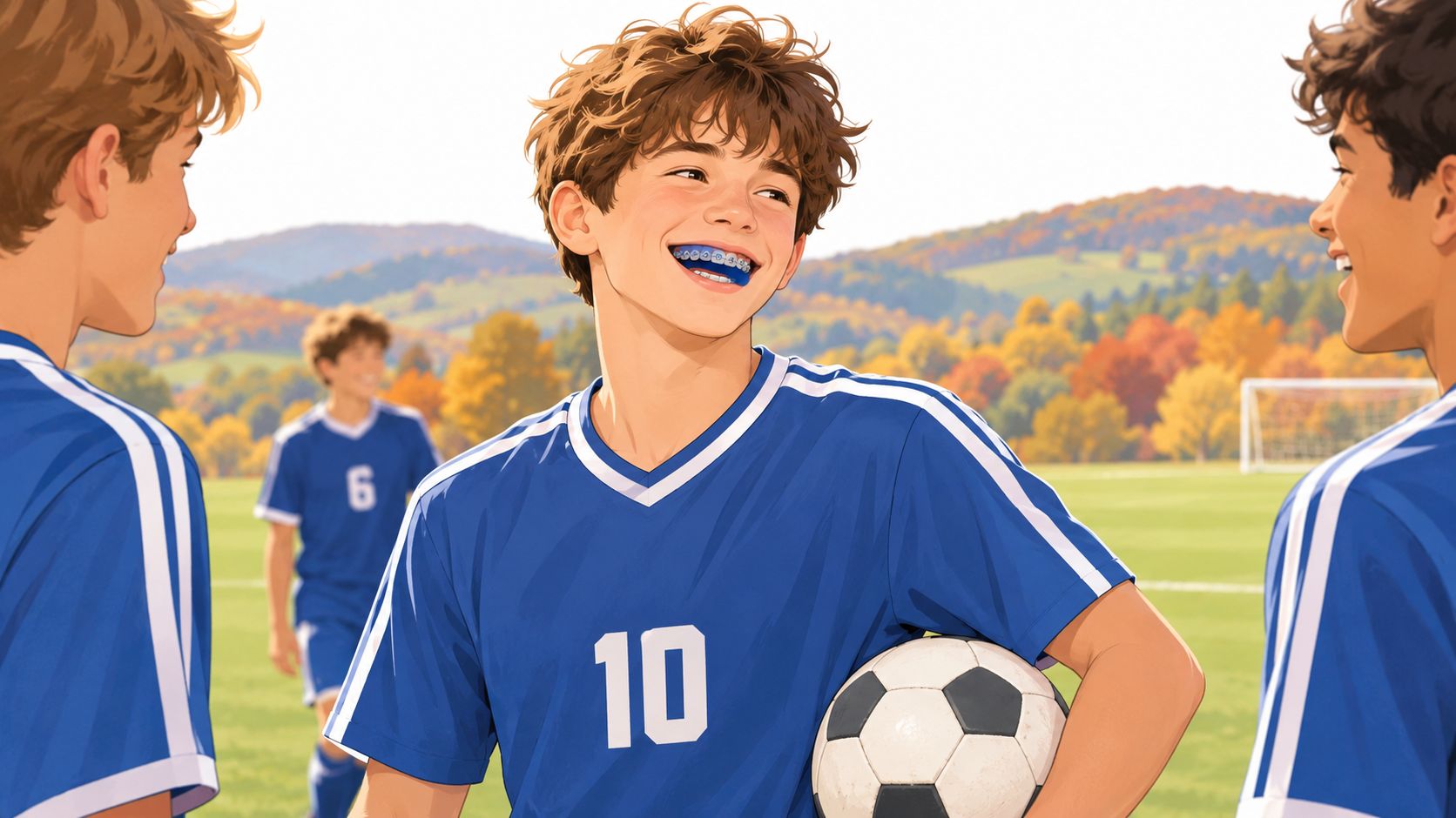 A happy teenage soccer player with blue ceramic braces smiling while holding a soccer ball on a field.