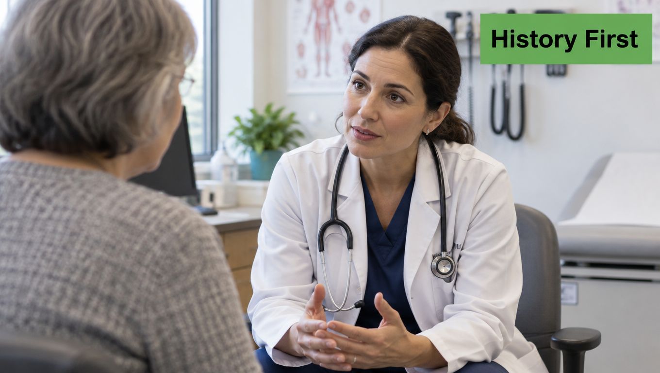 A female doctor with a stethoscope sits in her office and consults with an elderly patient.