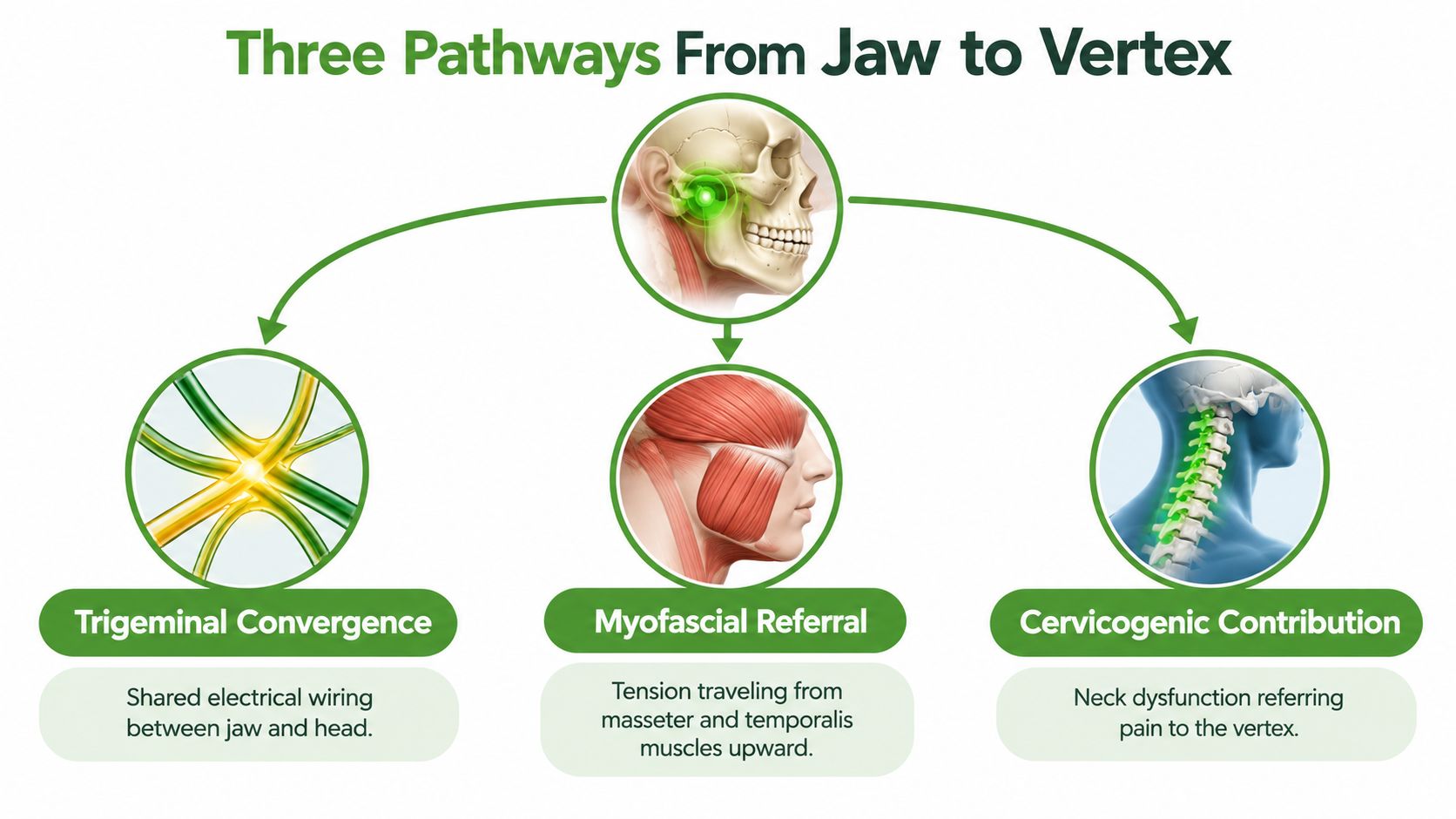 A diagram illustrating three anatomical pathways connecting jaw pain to vertex pain including nerve, muscle, and cervical issues.