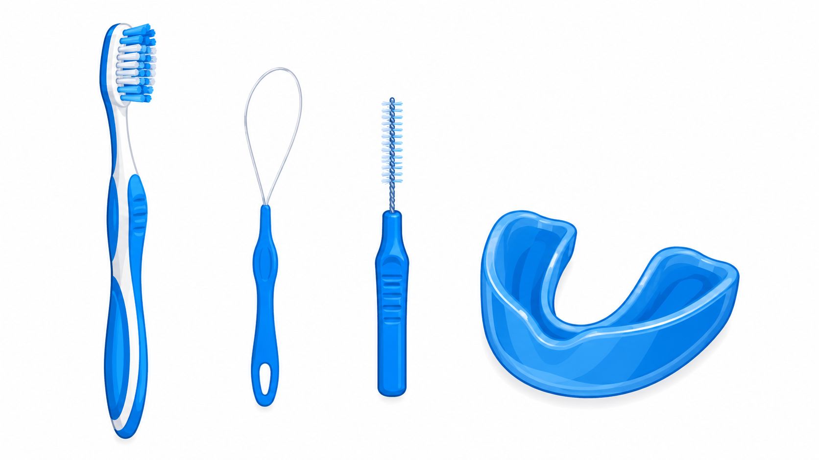 A set of blue dental hygiene tools, including a toothbrush, tongue cleaner, interdental brush, and mouthguard.
