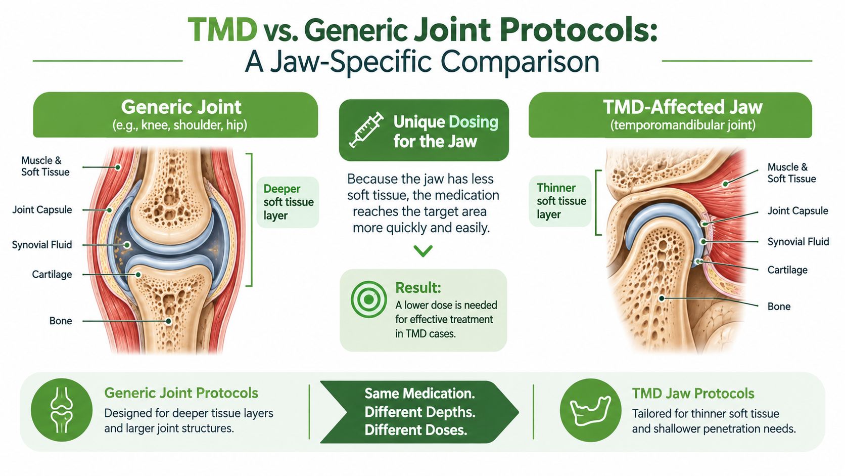 An infographic comparing generic joint protocols with specialized TMD jaw protocols highlighting differences in tissue depth.