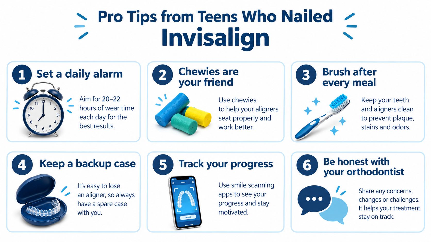 An infographic displaying six tips for teens using Invisalign, including wearing aligners and brushing after meals.