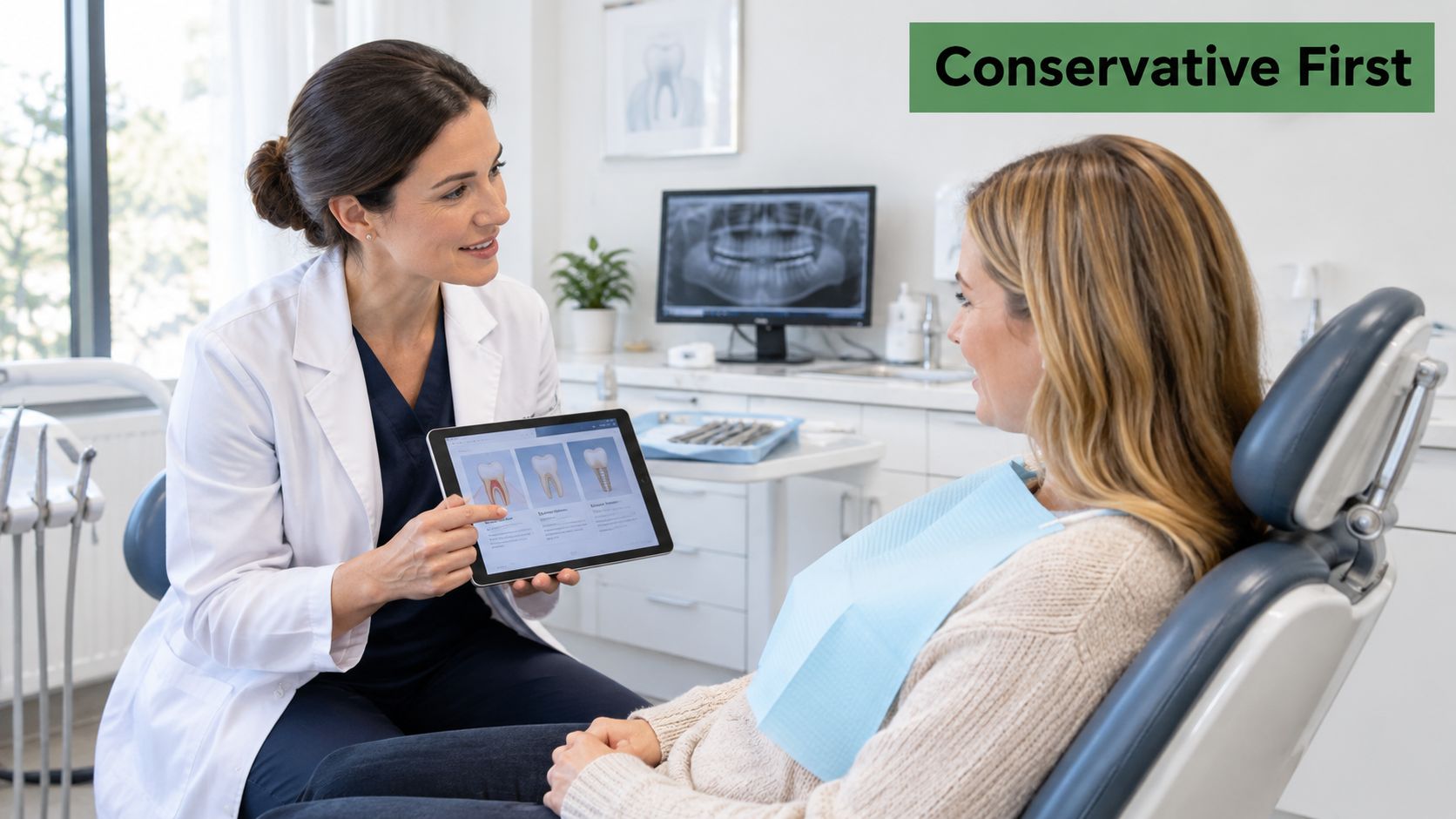 A female dentist consulting with a patient in a dental clinic, displaying treatment options on a tablet.