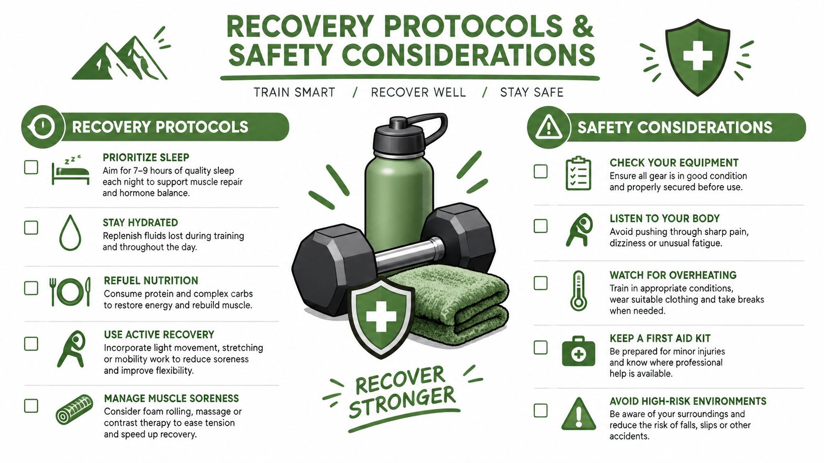 An infographic detailing essential recovery protocols and safety considerations for athletes to train smart and recover well.
