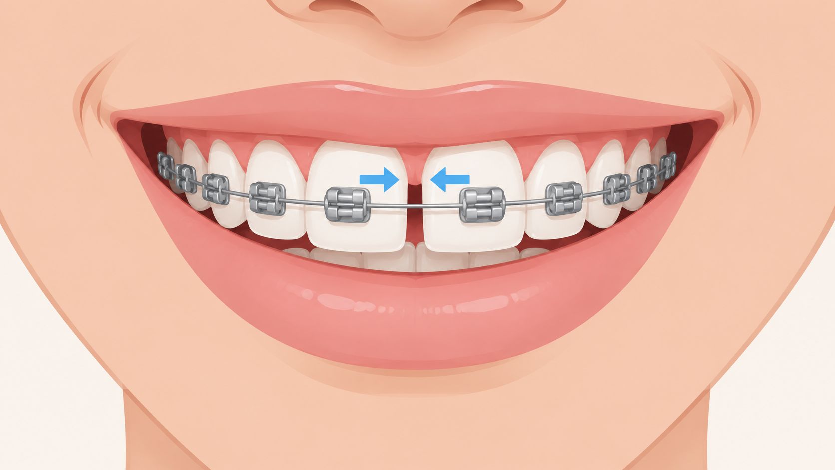 A close-up illustration of a smiling mouth with metal braces and blue arrows showing teeth closing a gap.