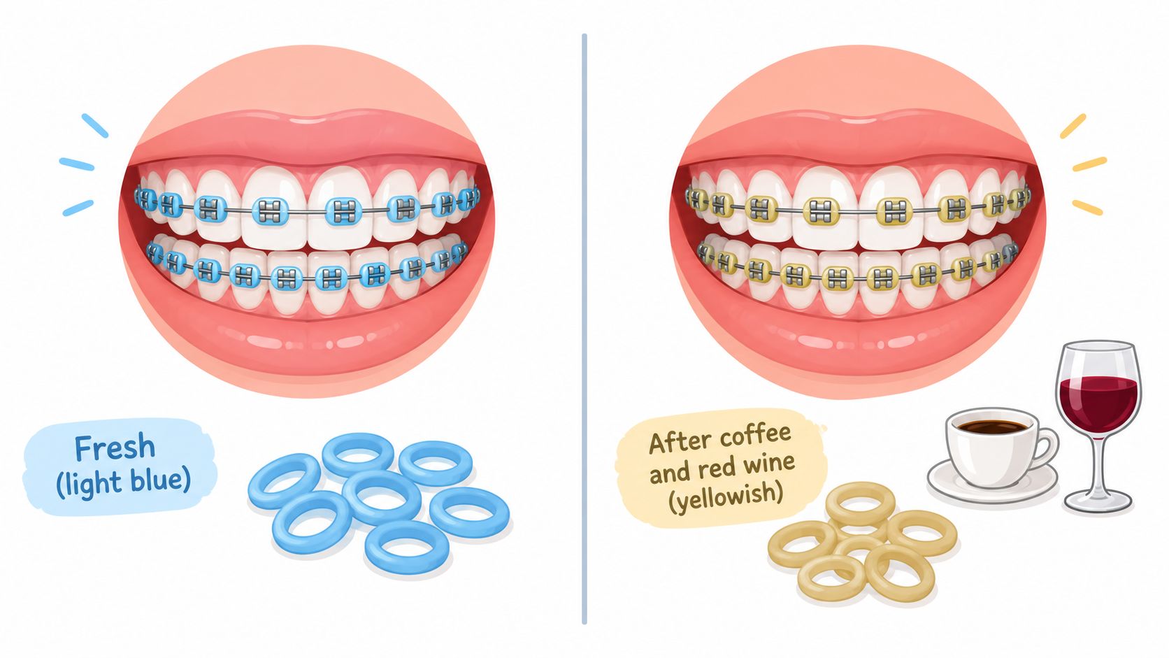 A comparison of dental braces with light blue bands versus stained yellow bands after consuming coffee and wine.