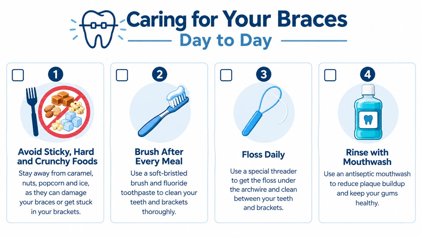 An infographic titled Caring for Your Braces providing four daily tips for maintaining dental hygiene with braces.