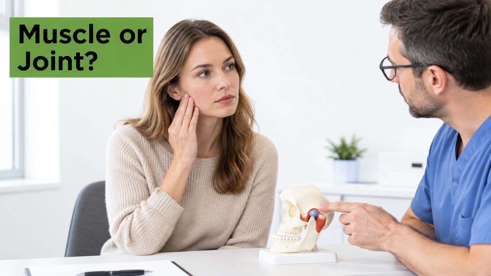 A patient consulting with a healthcare provider about temporomandibular joint pain while referencing a skull model.