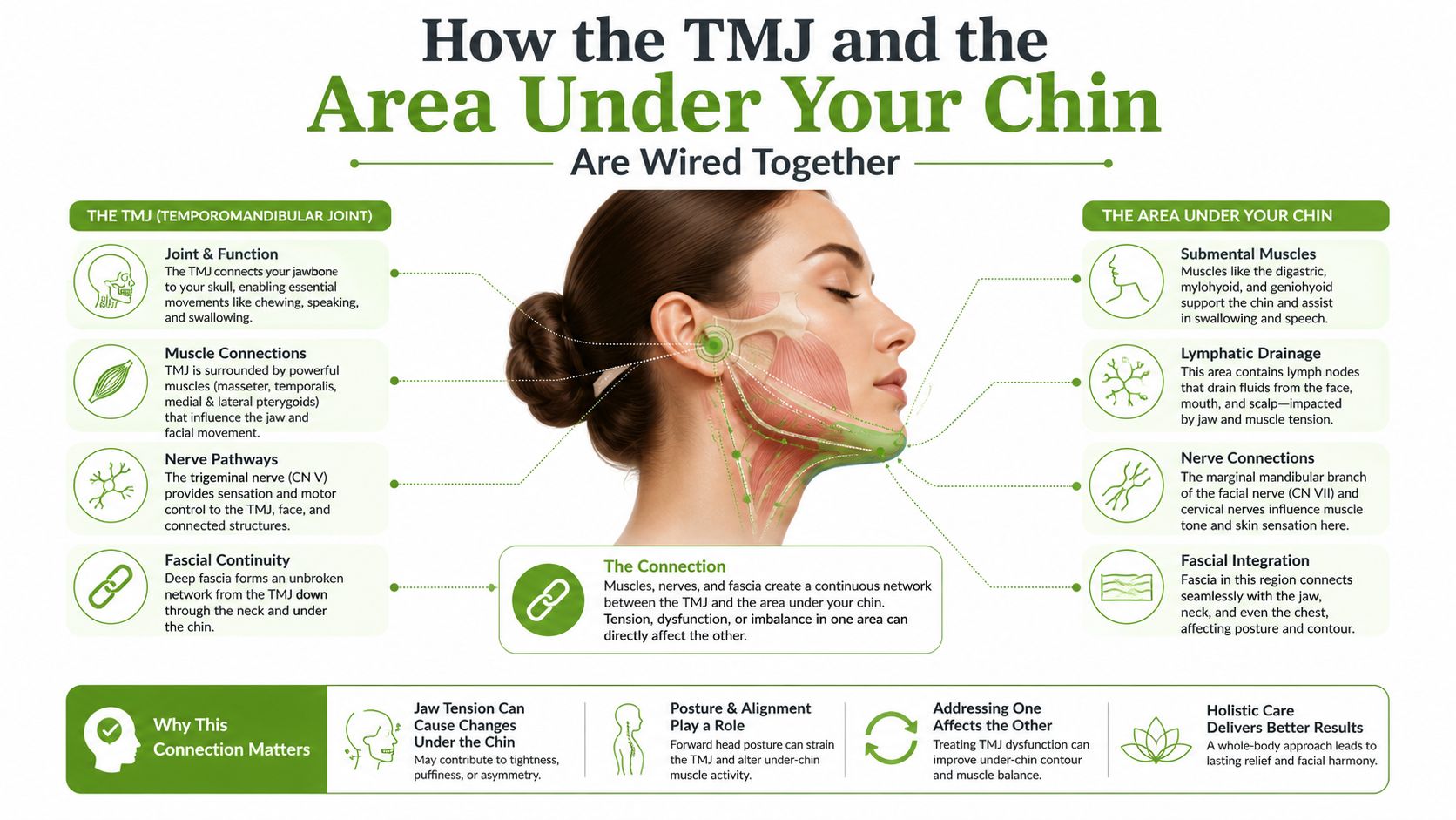 A diagram explaining the anatomical connection between the temporomandibular joint and the area under the chin.