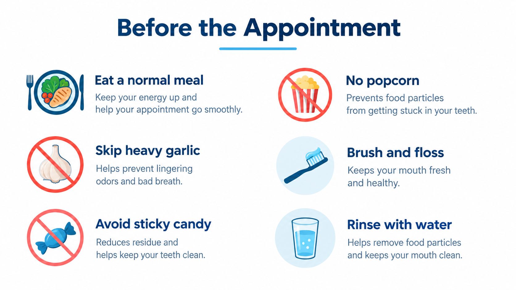 A helpful infographic outlining tips for patients to prepare before their dental appointment, including food and hygiene advice.