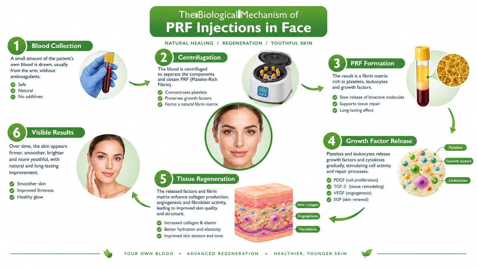 A diagram illustrating the step-by-step biological mechanism and skin benefits of PRF injections for facial rejuvenation.
