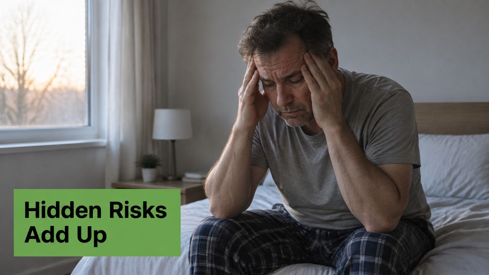 A middle-aged man sitting on his bed in pajamas, holding his head in frustration due to lack of sleep.
