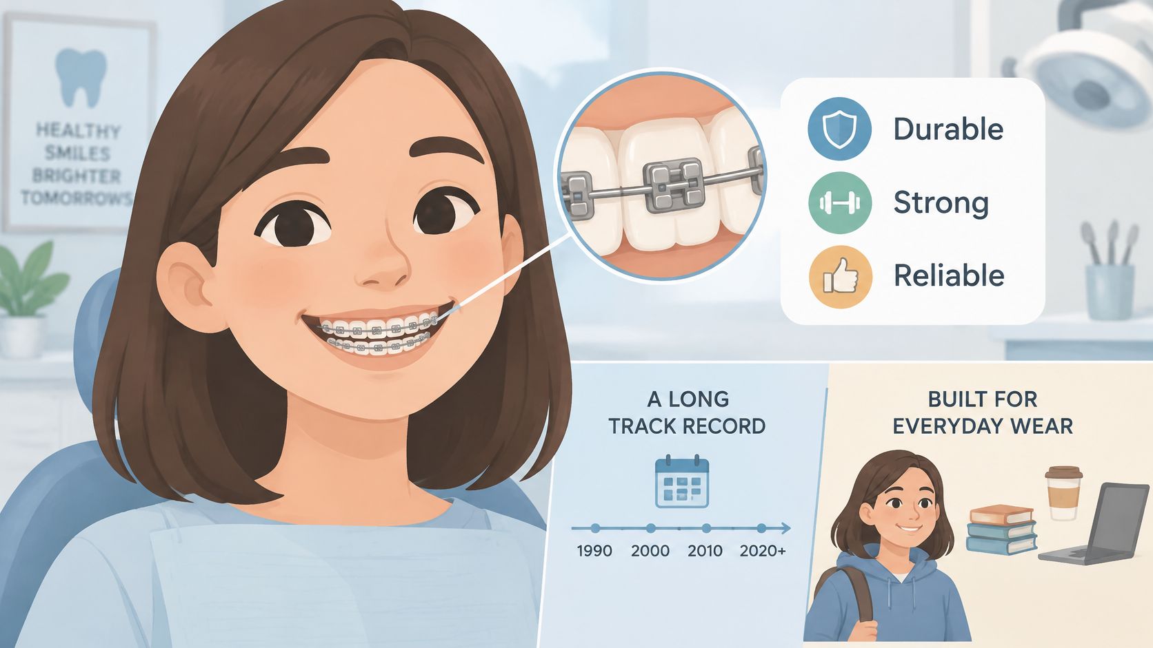 A friendly illustration of a girl with metal braces highlighting their durability, strength, and reliability.