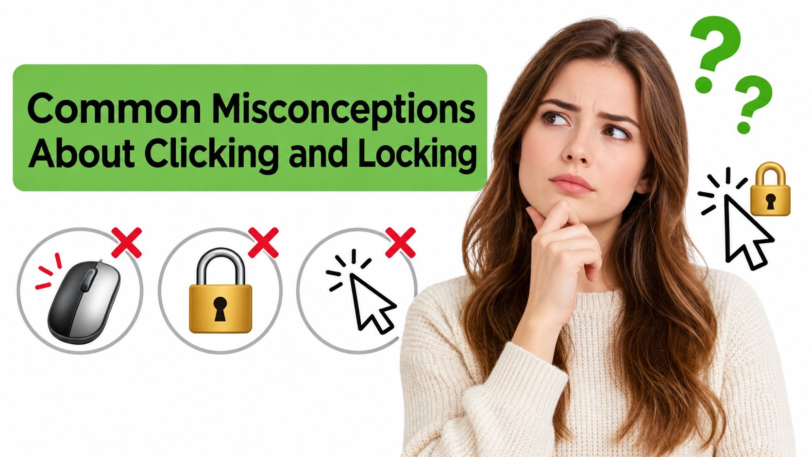 A woman thinking about temporomandibular joint dysfunction with icons representing clicking and locking jaw symptoms.