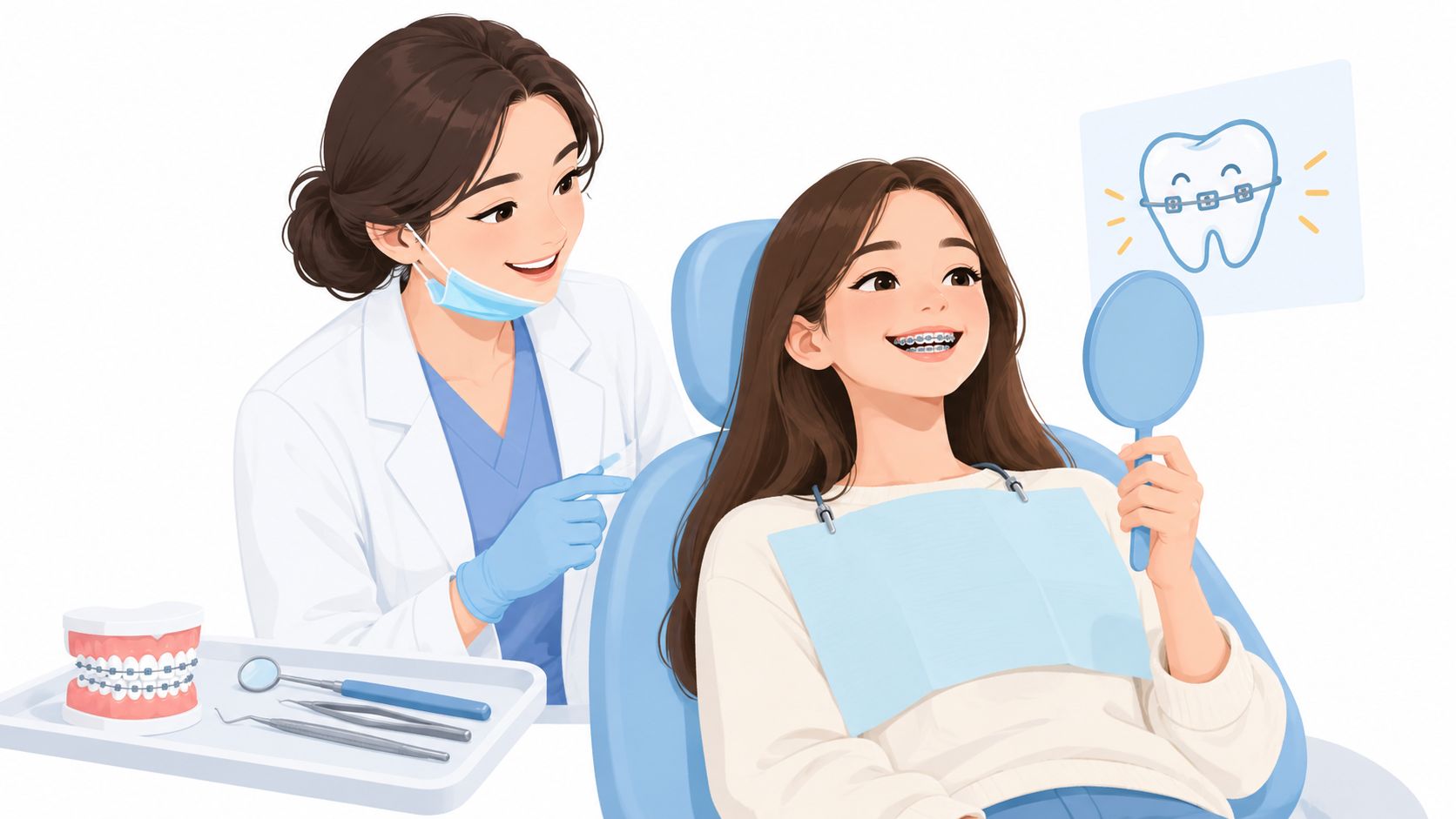 A friendly dentist showing a happy patient her new dental braces using a handheld mirror.