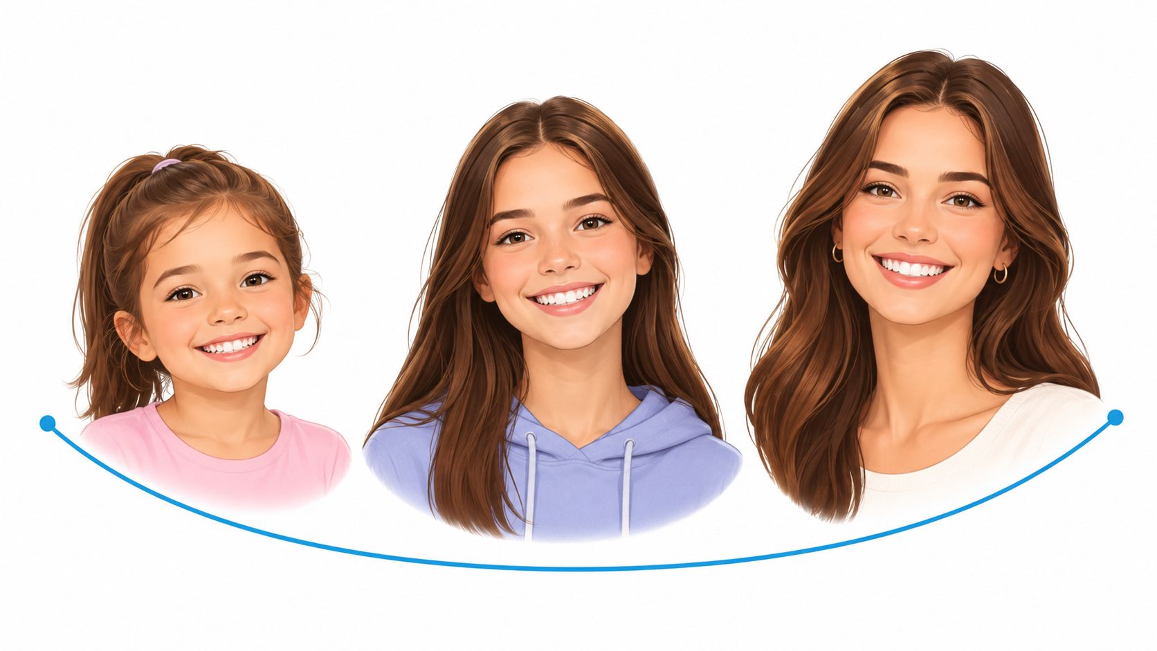 Three female figures of different ages showing healthy, straight smiles for orthodontics and dental care services.