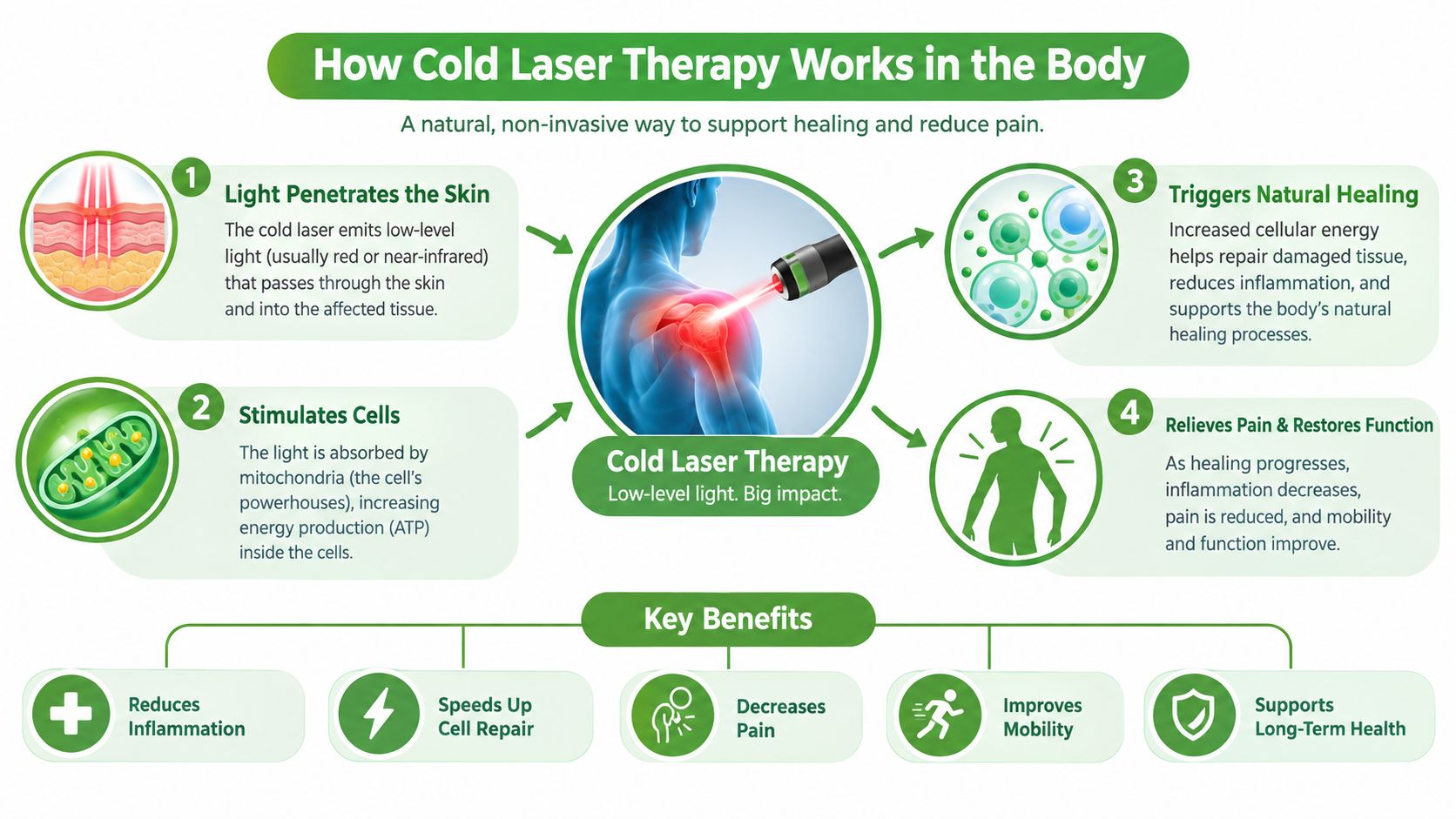 A diagram illustrating how cold laser therapy works to reduce pain and stimulate natural cellular healing processes.