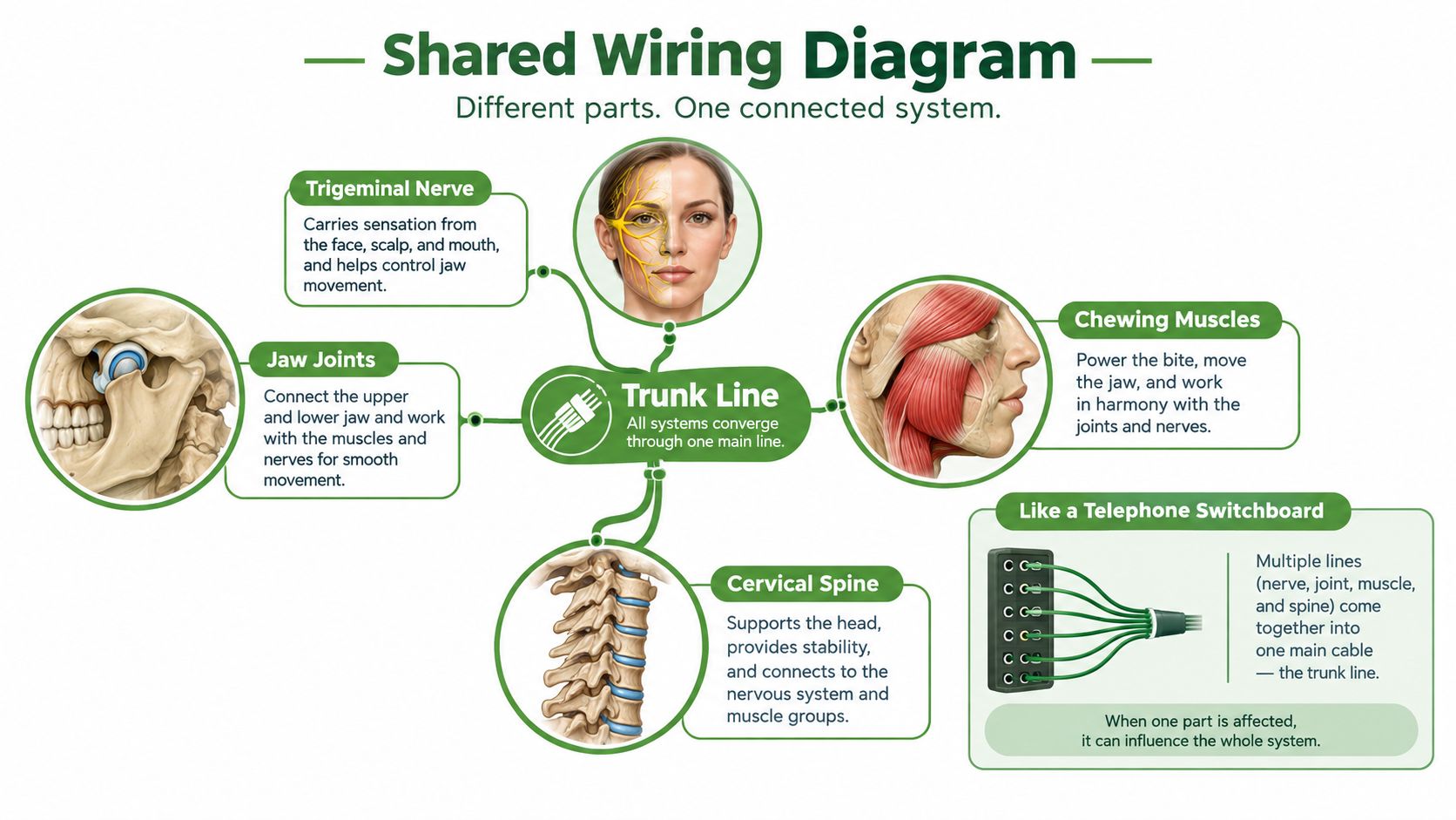 A diagram illustrating how the trigeminal nerve, jaw joints, chewing muscles, and cervical spine are interconnected systems.