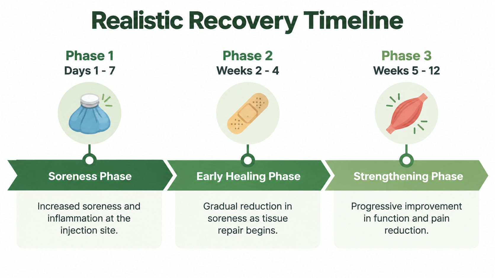 A recovery timeline diagram illustrating three phases of healing following an injection, including timeframes and descriptions for each.