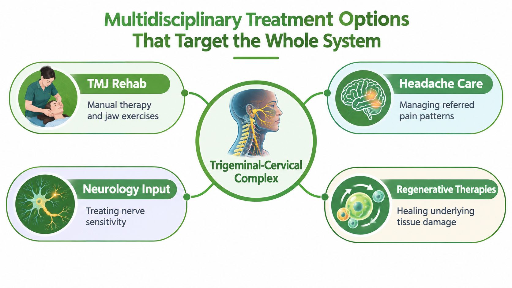 A diagram illustrating multidisciplinary treatment options including TMJ rehab, headache care, neurology input, and regenerative therapies.