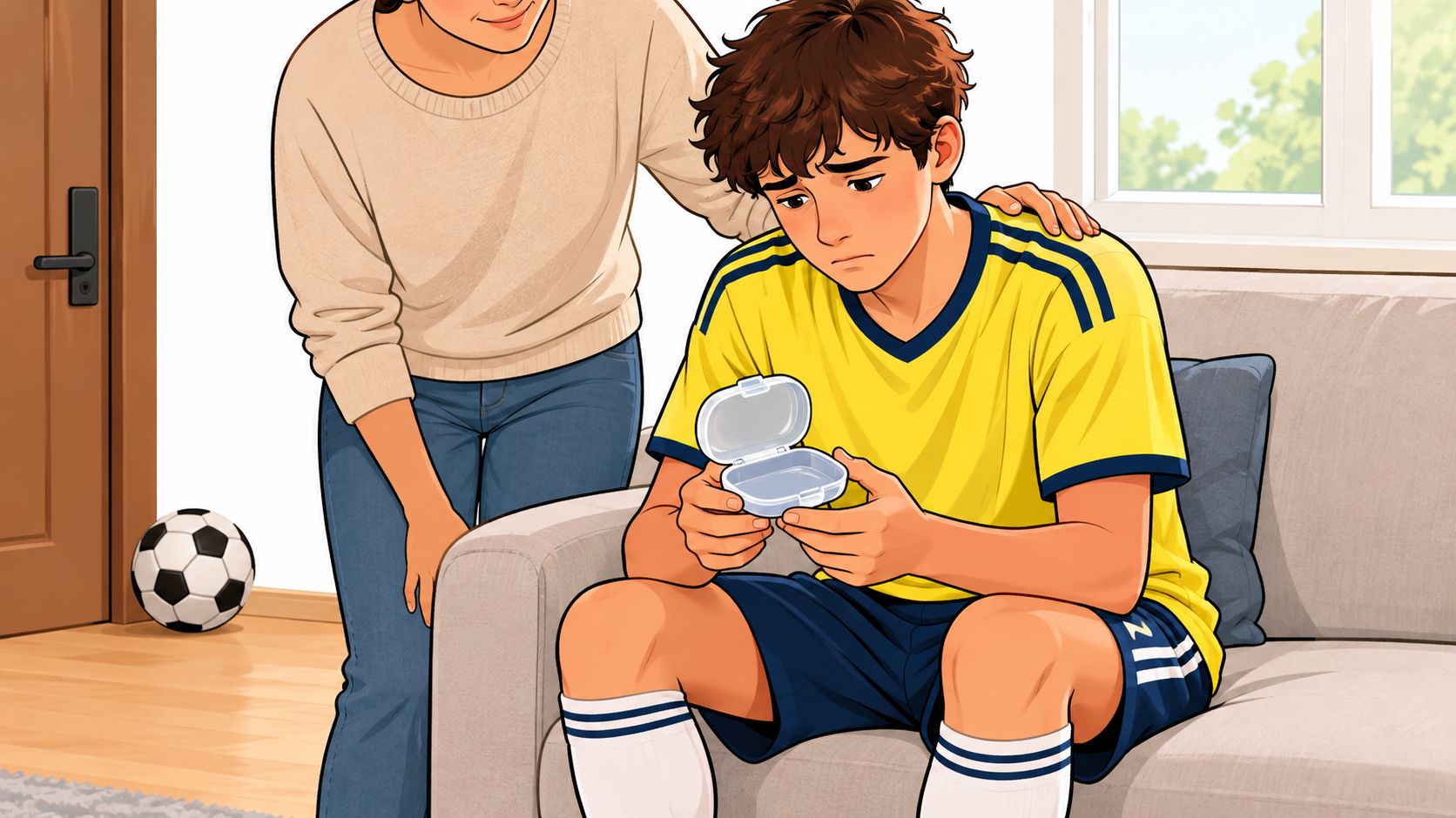 A concerned mother comforts her young son as he sits on a couch holding an empty retainer case.