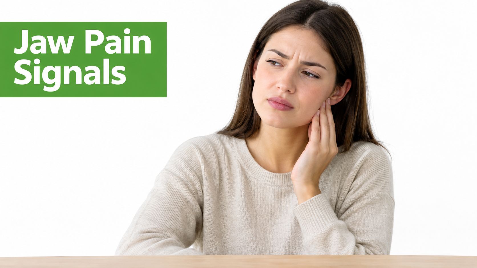 A young woman touching her jaw while feeling pain, representative of various jaw pain symptoms.