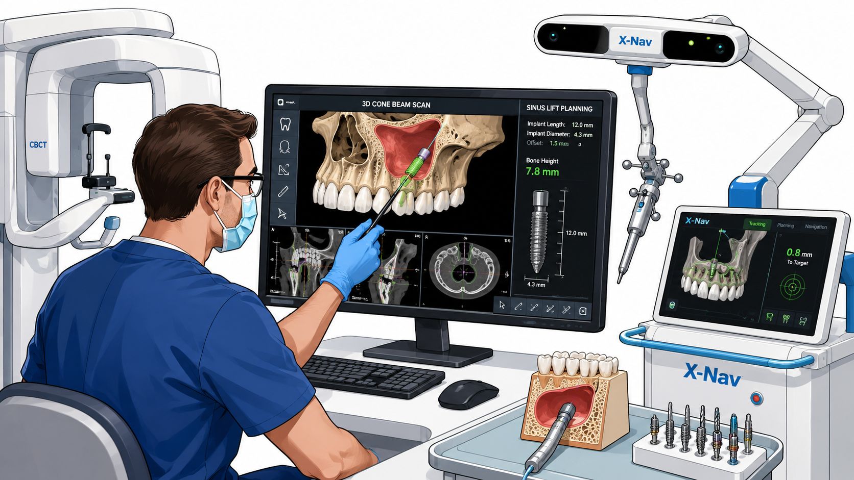 A dentist using computer-guided technology to plan a precise sinus lift implant surgery on a 3D model.
