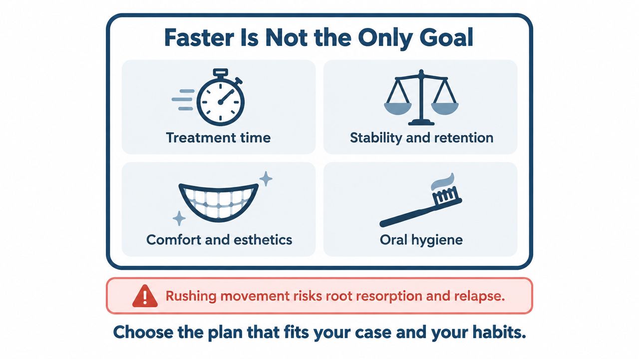 An infographic titled Faster Is Not the Only Goal, highlighting factors for dental alignment like stability and hygiene.