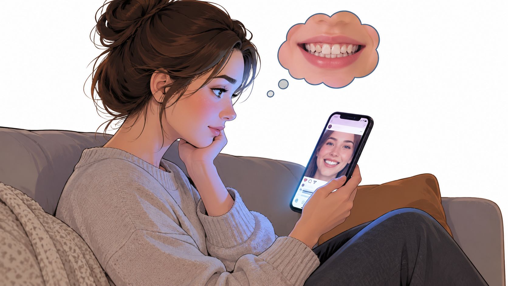 A young woman sitting on a sofa looking at a photo of a smiling person on her smartphone.