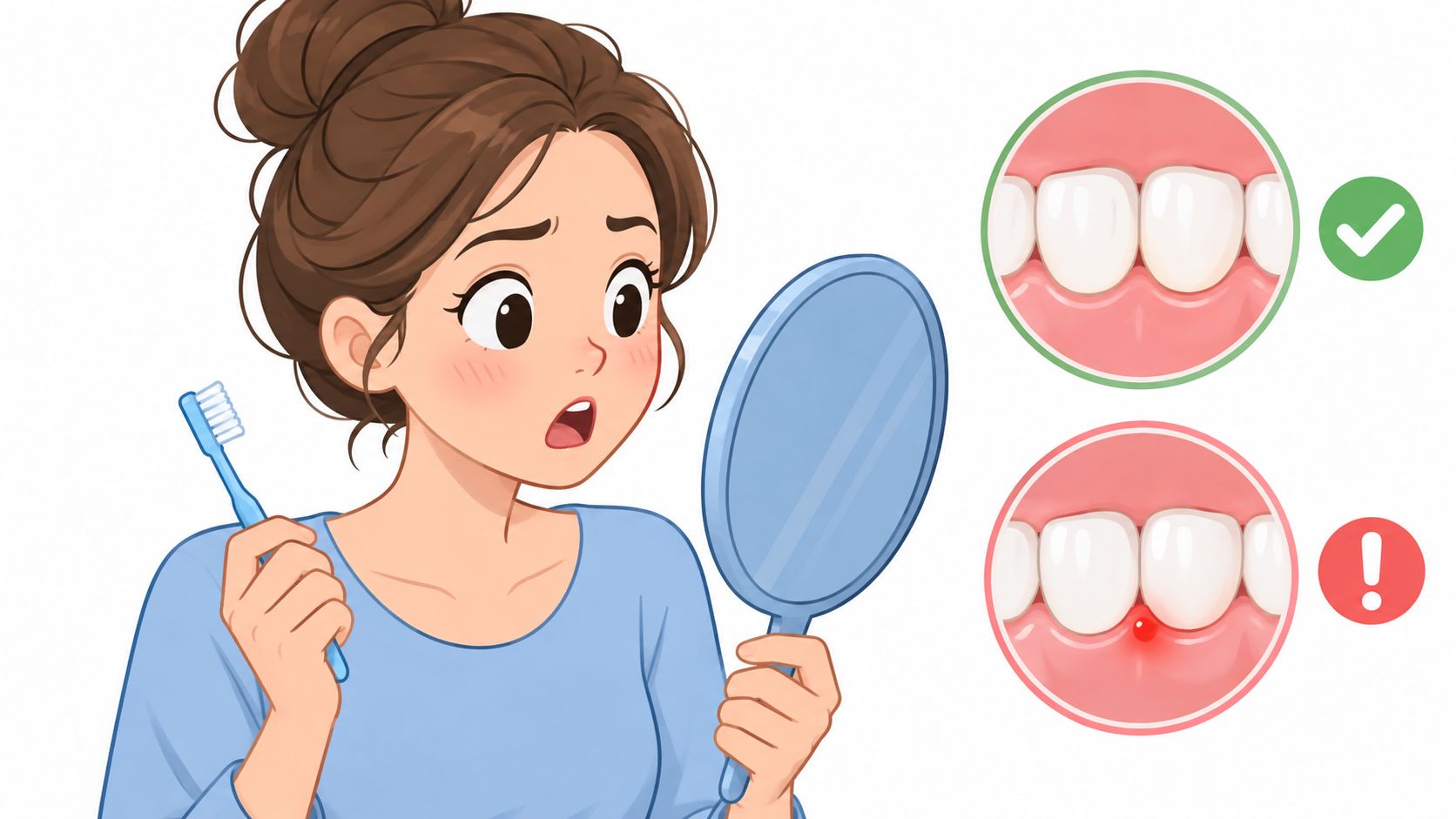 A worried woman holding a toothbrush and looking in a mirror at her healthy versus inflamed gums.