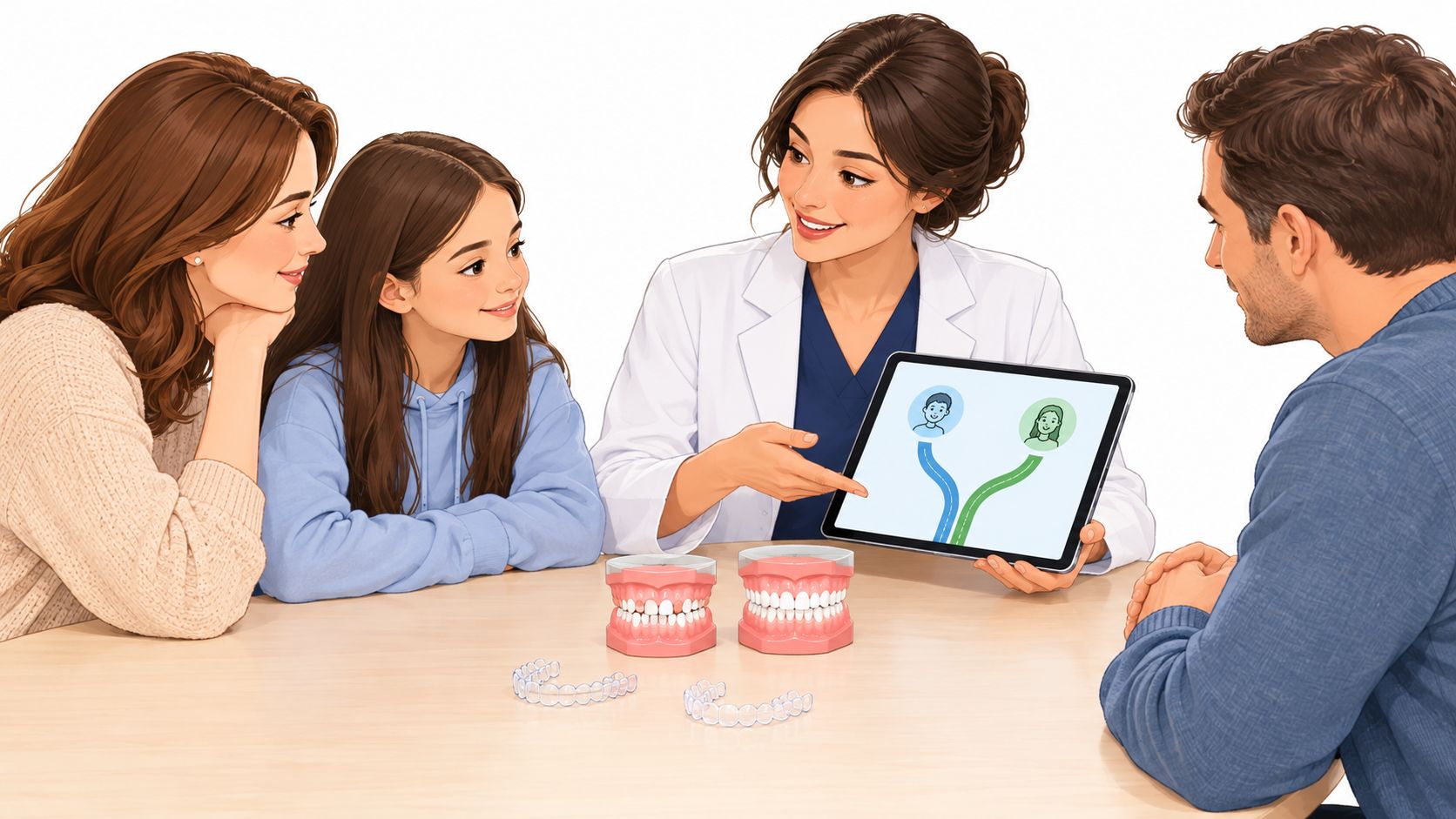 A dentist shows a digital treatment plan on a tablet to a young patient and her parents.
