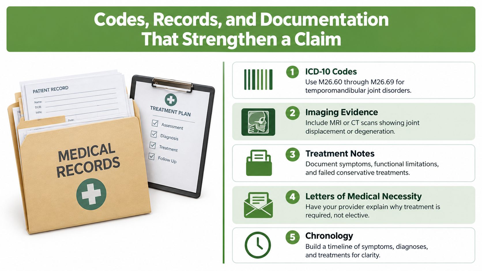A medical records file and treatment plan illustrating steps to strengthen a medical insurance claim for TMJ.