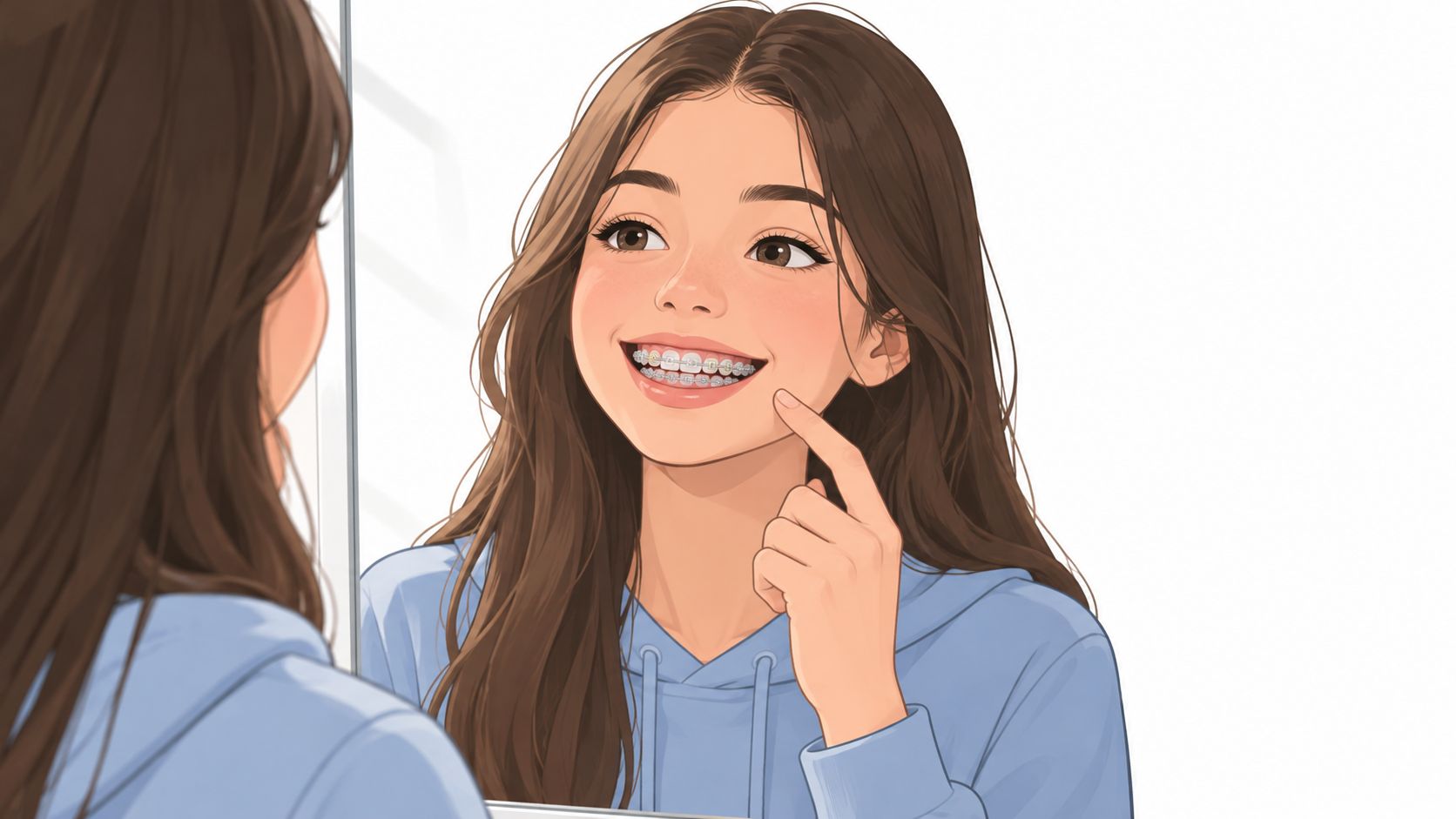 A happy young woman with brown hair smiling at herself in a mirror showing her clear braces.