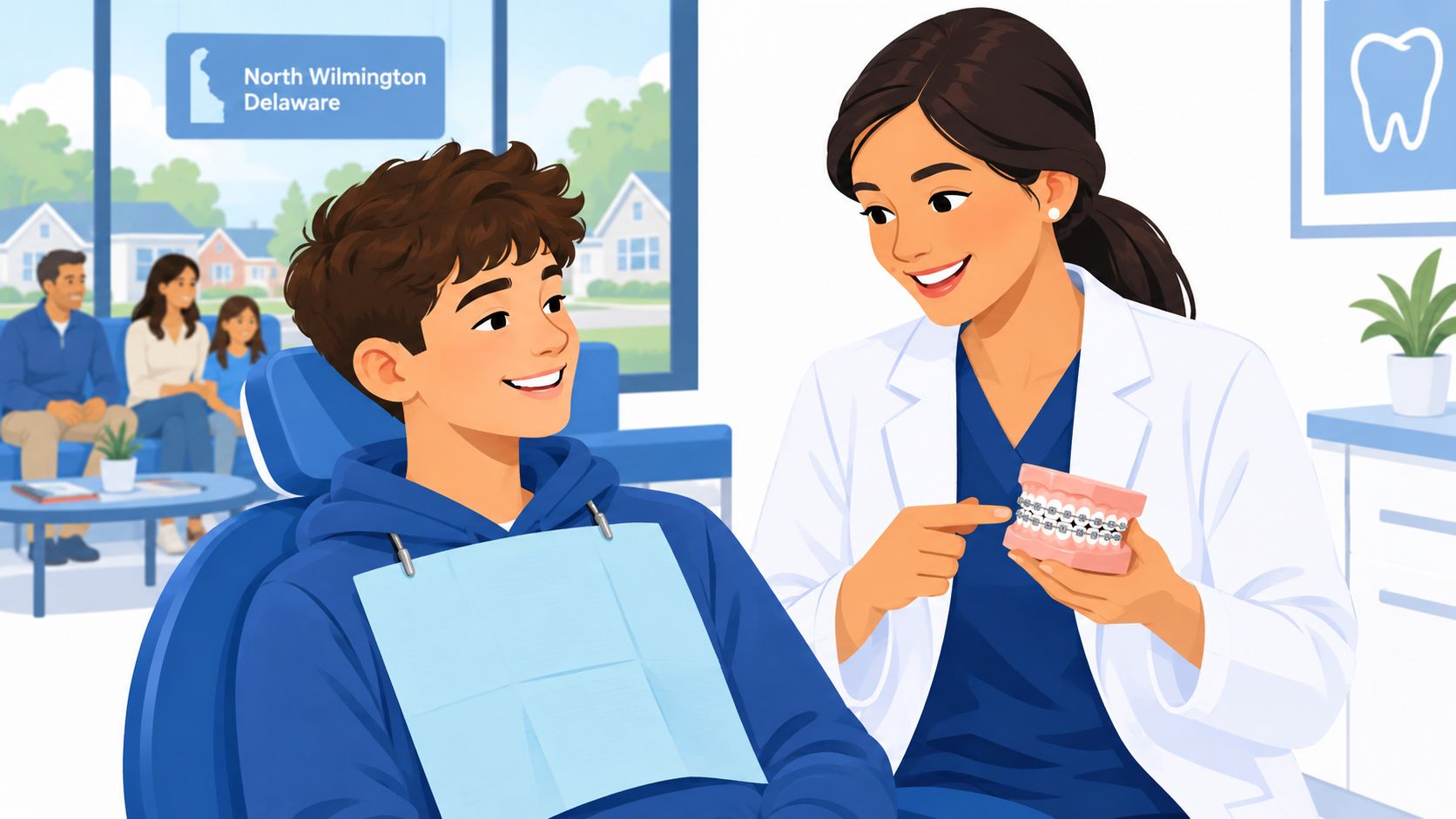 A friendly orthodontist explains metal braces to a smiling young patient in a modern dental clinic.