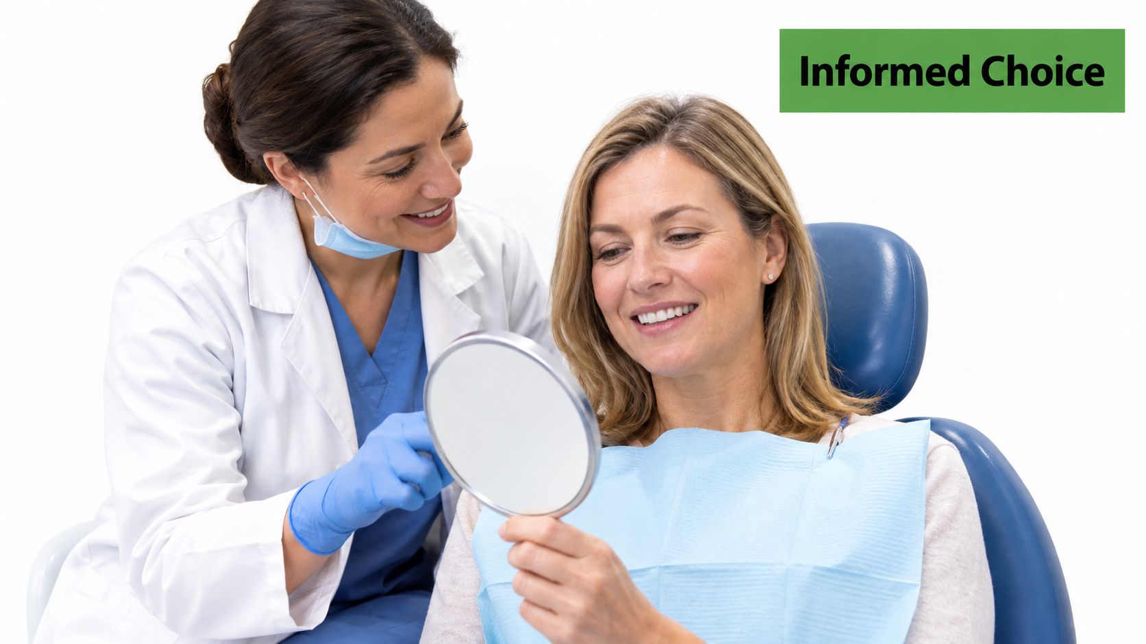 A friendly female dentist holds a mirror for a smiling patient during a consultation in her office.