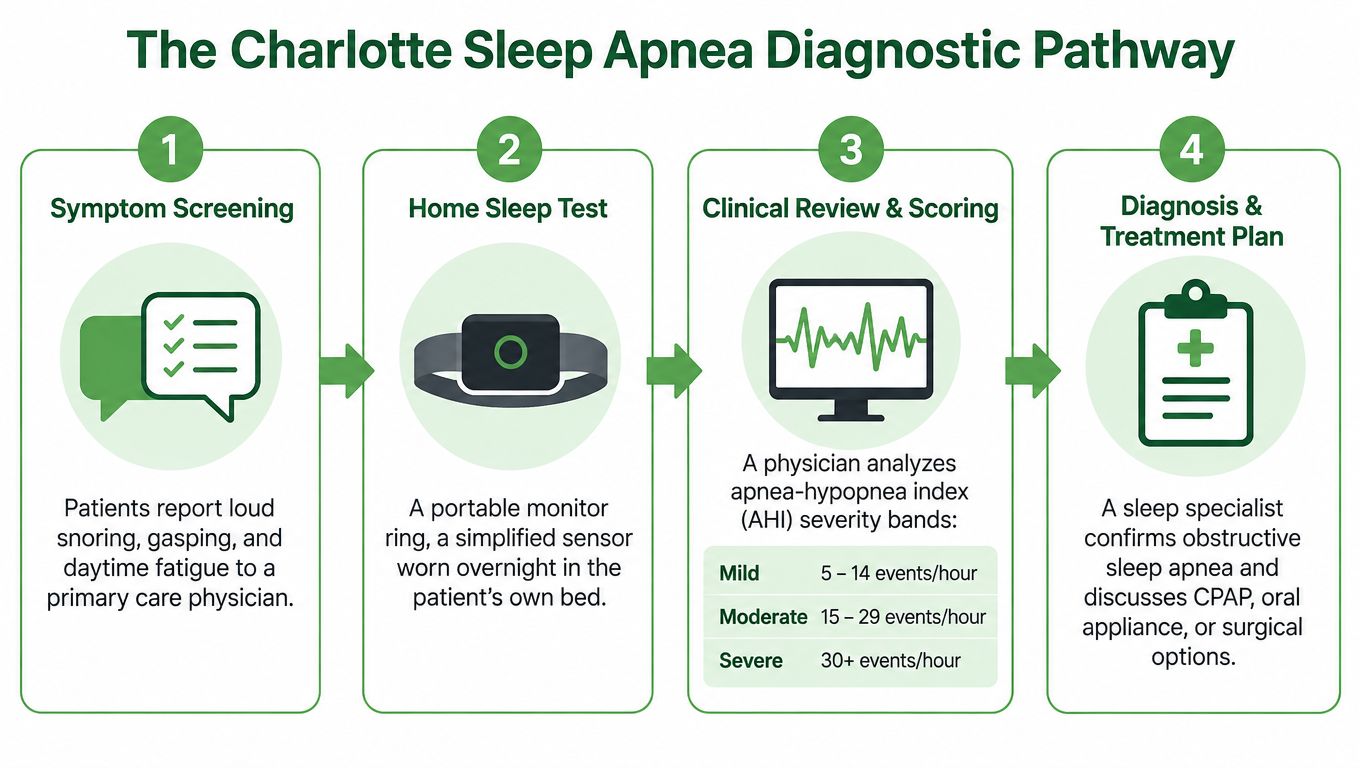 A flowchart showing the four steps of the Charlotte Sleep Apnea Diagnostic Pathway from screening to treatment.