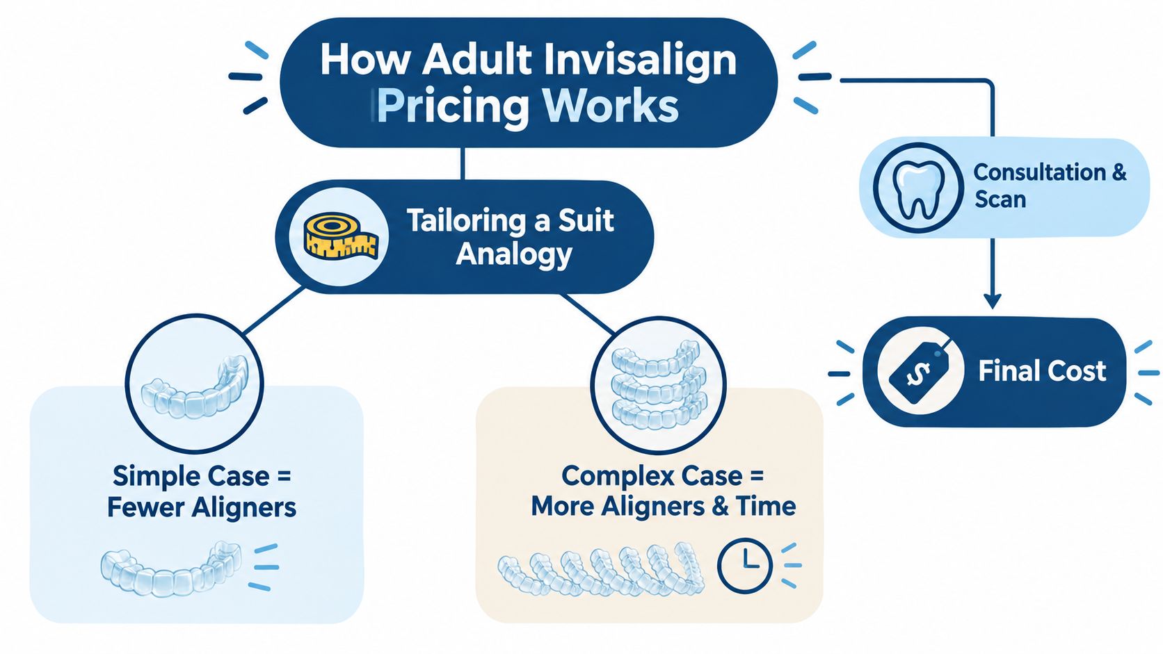 A diagram explaining how adult Invisalign pricing is determined based on treatment complexity and aligner usage.