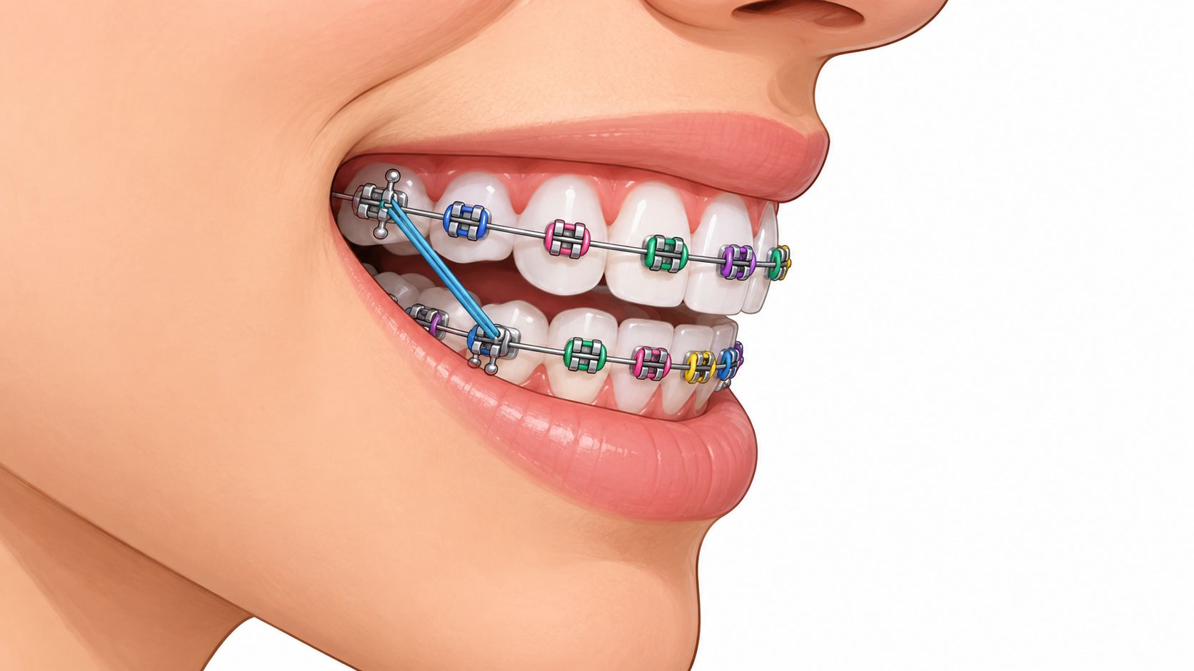 A close-up illustration of a patient's mouth with dental braces and an elastic band correcting an overbite.