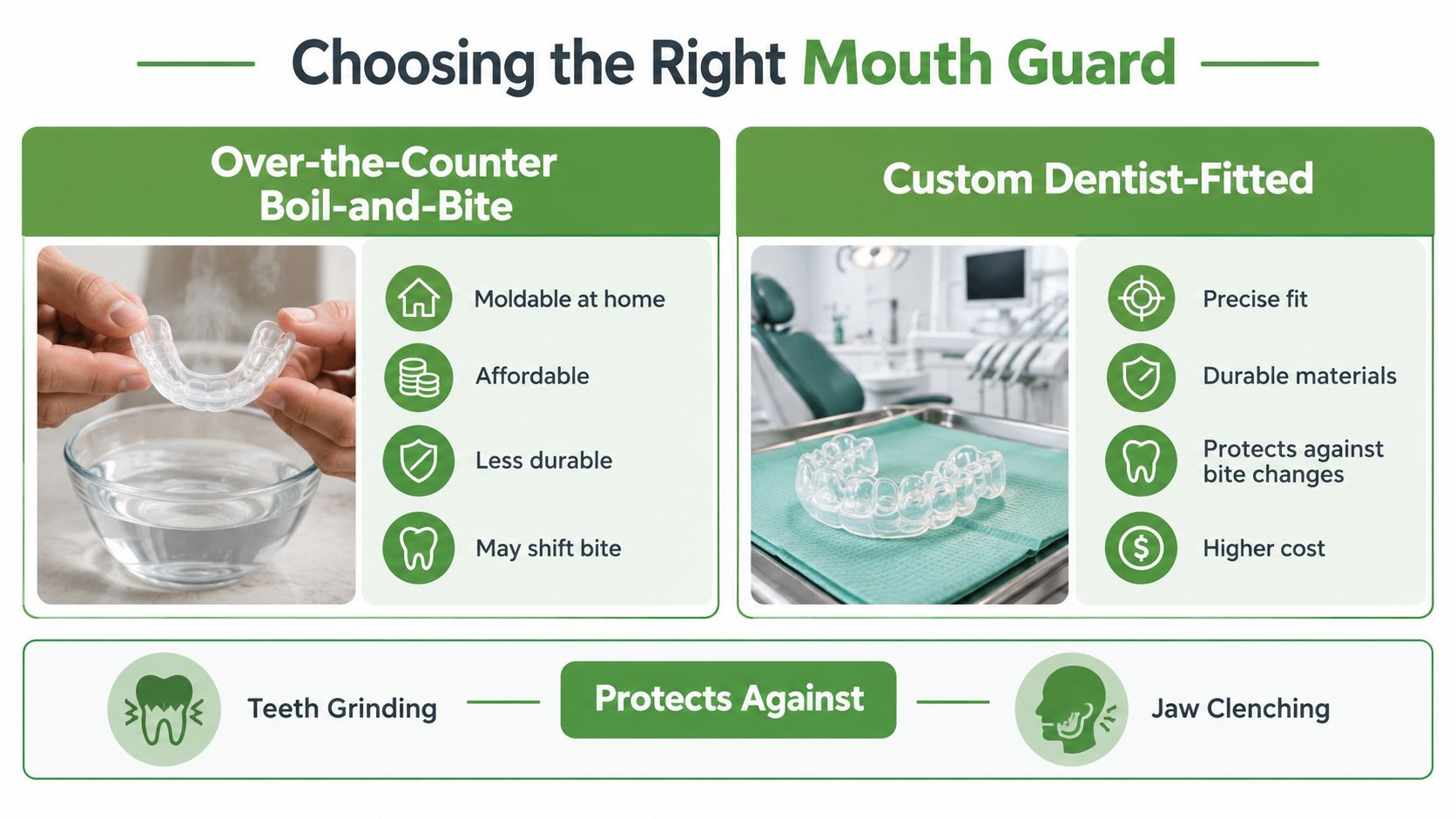 A comparison infographic between boil-and-bite over-the-counter mouth guards and custom dentist-fitted mouth guards for dental protection.