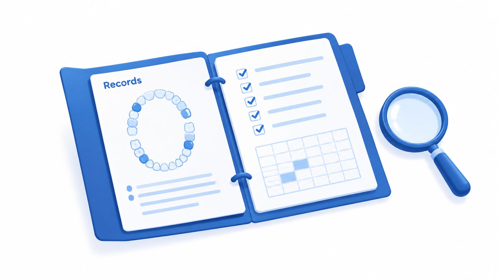 A 3D illustration of an open medical record folder featuring teeth chart, checklist, and a magnifying glass.